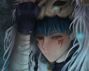 Картинка разное арты маска синий дракон парень аниме рассвет йоны арт взгляд
