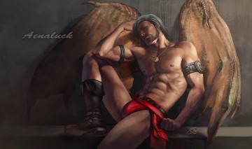 Картинка фэнтези ангелы арт парень ангел мужчина крылья торс ноги набедренная повязка обнажён