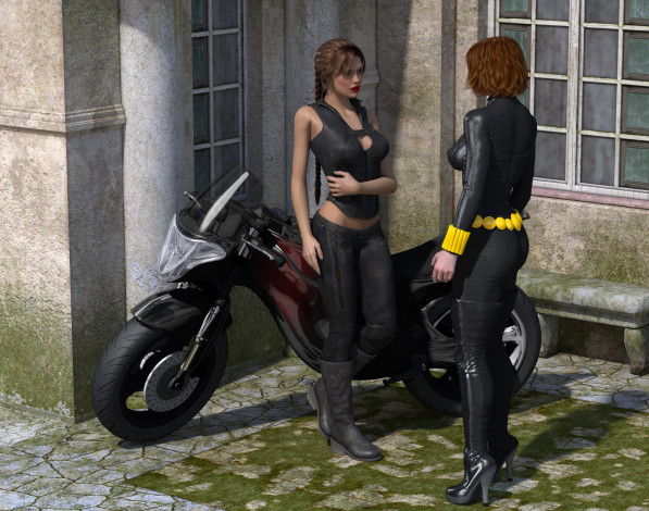Обои картинки фото мотоциклы, 3d, мотоцикл, фон, взгляд, девушки