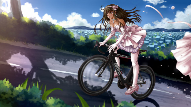 Обои картинки фото аниме, unknown,  другое, девушка, велосипед