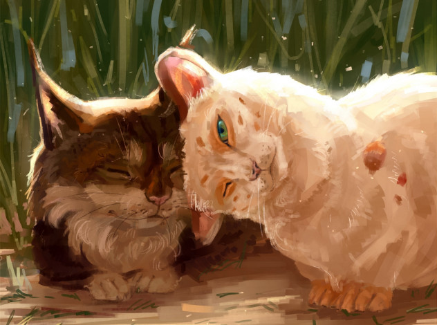 Обои картинки фото рисованное, животные,  коты, ласка, двое, трава