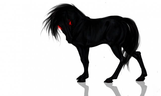 Обои картинки фото рисованное, животные,  лошади, черный, конь, белый, фон, красные, глаза