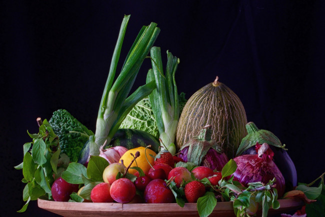 Обои картинки фото еда, фрукты и овощи вместе, зелень, овощи, натюрморт, фрукты