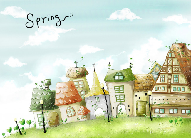 Обои картинки фото рисованное, города, весна, небо, облака, улица, дома