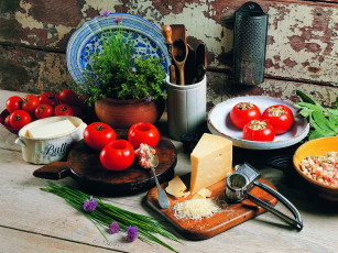 обоя еда, натюрморт, зелень, лук, сыр, помидоры, томаты