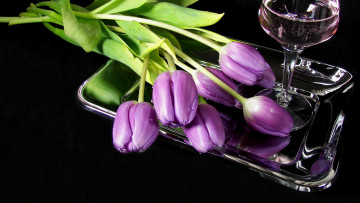 Картинка цветы тюльпаны вино бокал поднос