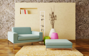 Картинка 3д графика realism реализм кресло ковёр вазы стенка декор