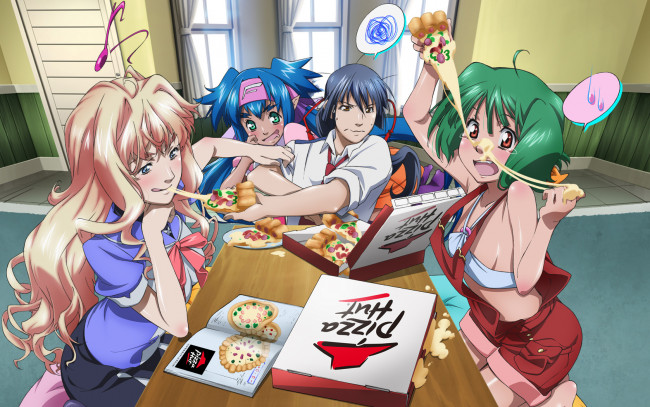 Обои картинки фото аниме, macross, frontier, девушки, стол, пица