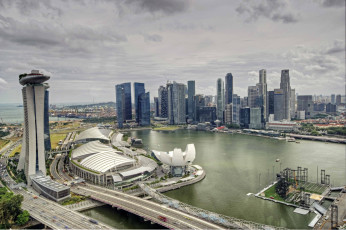 обоя города, сингапур, небоскребы, вода, дороги