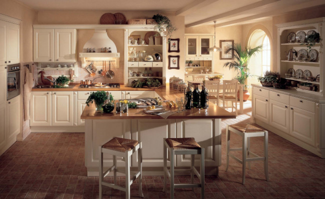 Обои картинки фото интерьер, кухня, стулья, плита, продукты