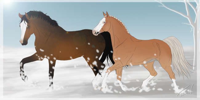 Обои картинки фото рисованные, животные, лошади, снег