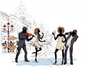 Картинка векторная+графика люди музыка парни девушки girls square guys music город улица площадь street paris