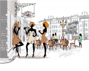 Картинка векторная+графика люди париж кафе кофе девушки дома улица город