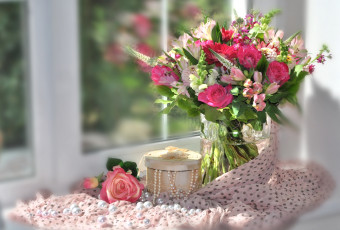 Картинка цветы букеты +композиции роза ожерелье цинния альстромерия