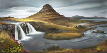 Картинка рисованное природа водопад облака трава холмы река пейзаж