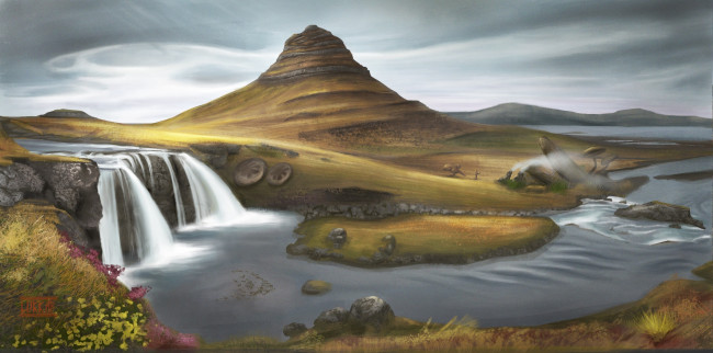 Обои картинки фото рисованное, природа, водопад, облака, трава, холмы, река, пейзаж