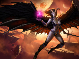 Картинка фэнтези демоны меч рога магия униформа девушка фон крылья взгляд