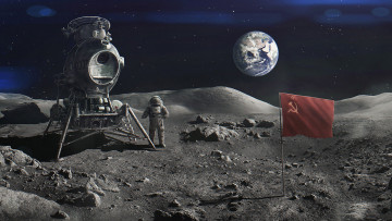 Картинка фэнтези космические+корабли +звездолеты +станции космос космонавт луна флаг луноход земля