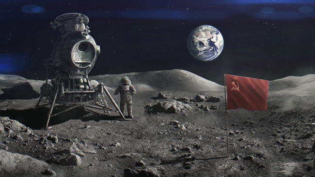 Обои картинки фото фэнтези, космические корабли,  звездолеты,  станции, космос, космонавт, луна, флаг, луноход, земля