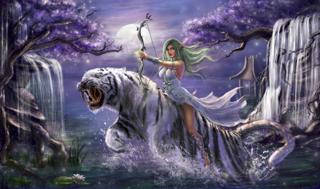 Обои картинки фото фэнтези, эльфы, водопад, лук, фон, тигр, девушка