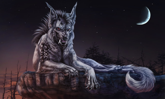 Обои картинки фото фэнтези, оборотни, волк, фон, луна, оскал