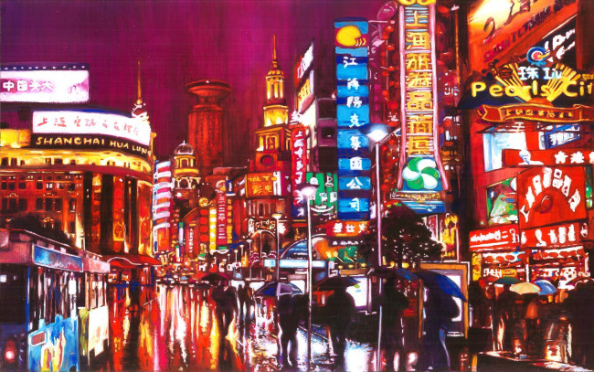 Обои картинки фото рисованное, города, шанхай, город, огни, реклама, люди, улица