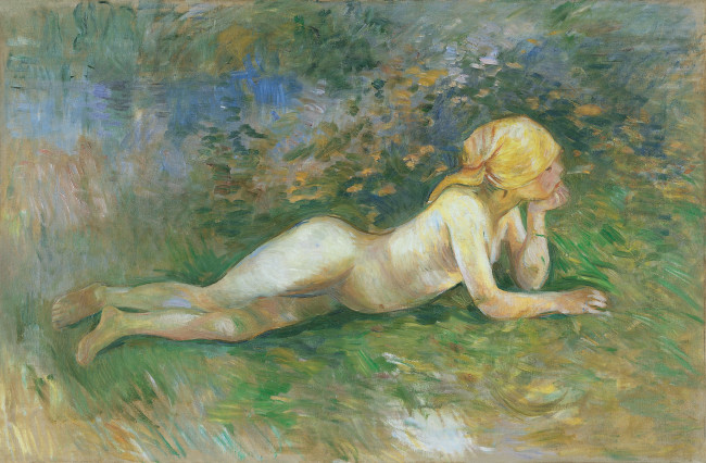 Обои картинки фото reclining nude shepherdess-berthe marie pauline morisot, рисованное, berthe morisot, девочка, косынка