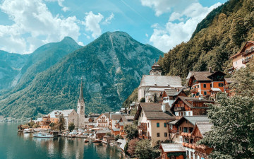 Картинка города гальштат+ австрия горы озеро дома