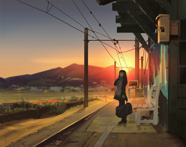 Обои картинки фото аниме, unknown,  другое , девочка, станция, закат, сумка