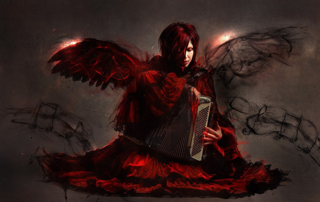 Обои картинки фото фэнтези, ангелы, кровь, аккордеон, крылья