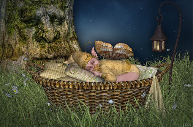 Обои картинки фото 3д, графика, fantasy, фантазия, подушки, эль, корзина, фонарь, цветы, ночь, дерево, трава