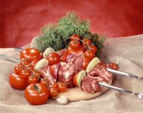 обоя еда, шашлык, барбекю, помидоры, укроп, чеснок, мясо, томаты