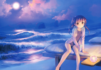 Картинка аниме *unknown+ другое девушка закат луна арт море пляж берег свечка стакан облака