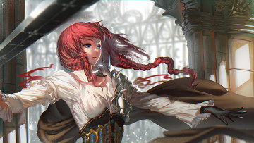 Картинка аниме -weapon +blood+&+technology перчатка плащ шипы наплечник броня воин меч корсет колонна девушка karasu-san город