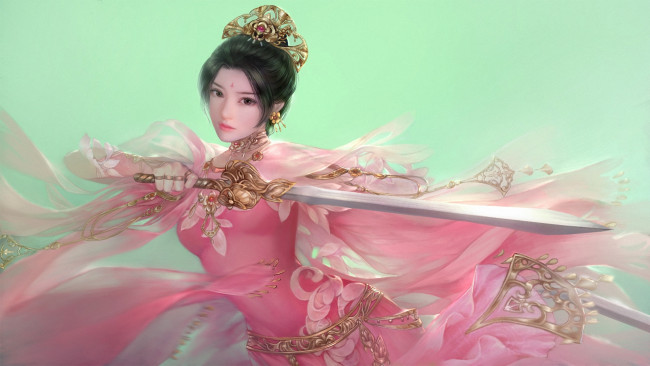 Обои картинки фото фэнтези, девушки, платье, взгляд, оружие, розовое, меч, девушка