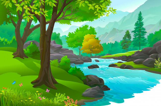 Обои картинки фото векторная графика, природа , nature, река, вода, деревья
