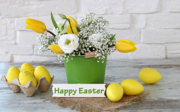 обоя праздничные, пасха, easter, тюльпаны, tulips, букет, праздник, eggs, spring, happy, цветы