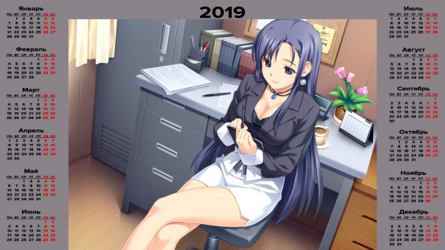 Обои картинки фото календари, аниме, стол, стул, мебель, девушка