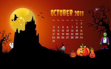 Картинка календари праздники салюты ведьма замок зомби хеллоуин тыква