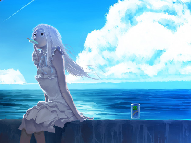 Обои картинки фото аниме, anohana, небо, море, мороженое, девушка