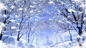 Картинка рисованные природа зима снег деревья пейзаж