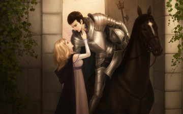 Картинка фэнтези люди двое влюбленные рыцарь доспехи лошадь