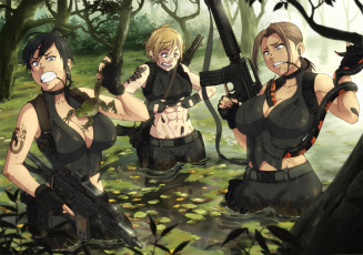 Картинка фэнтези девушки наемники лягушка болото джунгли змея оружие автомат