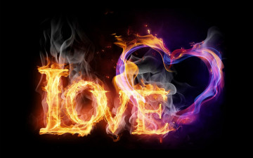 Картинка 3д+графика романтика+ romantics любовь сердце огонь черный фон цвета надпись дым