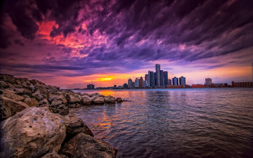 Картинка города детройт+ сша камни река город небоскребы небо облака здания закат детройт usa detroit