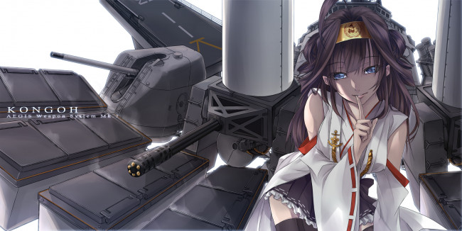 Обои картинки фото аниме, kantai collection, повязка, оружие, девушка, futami, kito, kongou, battleship