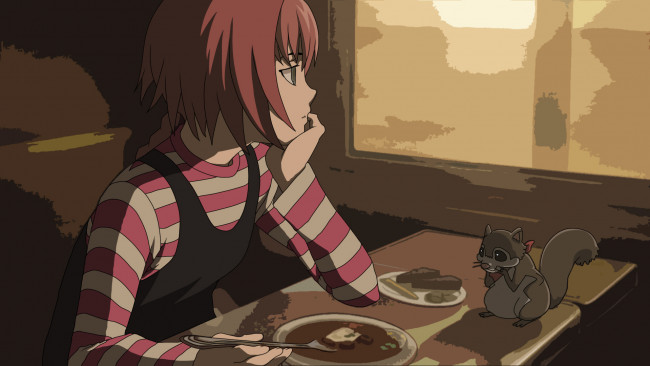 Обои картинки фото аниме, darker than black, suou, pavlichenko, девушка, белка, животное, еда, кафе