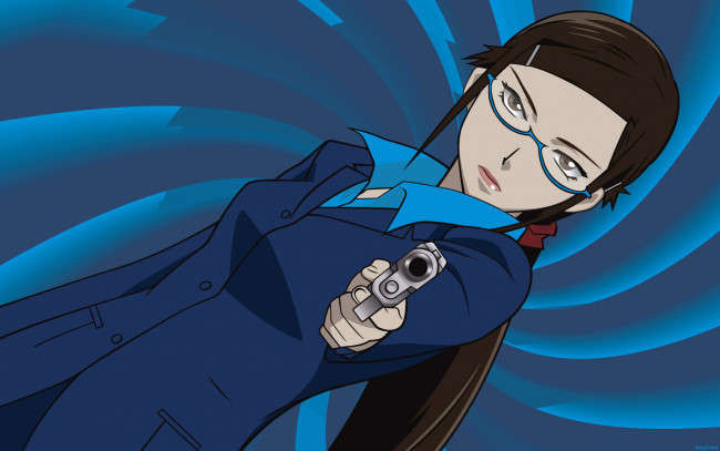 Обои картинки фото аниме, darker than black, kirihara, misaki, девушка, очки, пистолет, заколка