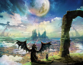 Картинка аниме животные +существа inz арт дракон пейзаж оружие человек небо звезды луна замок