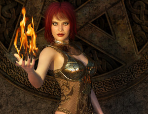 Картинка 3д+графика фантазия+ fantasy девушка взгляд фон огонь рыжая